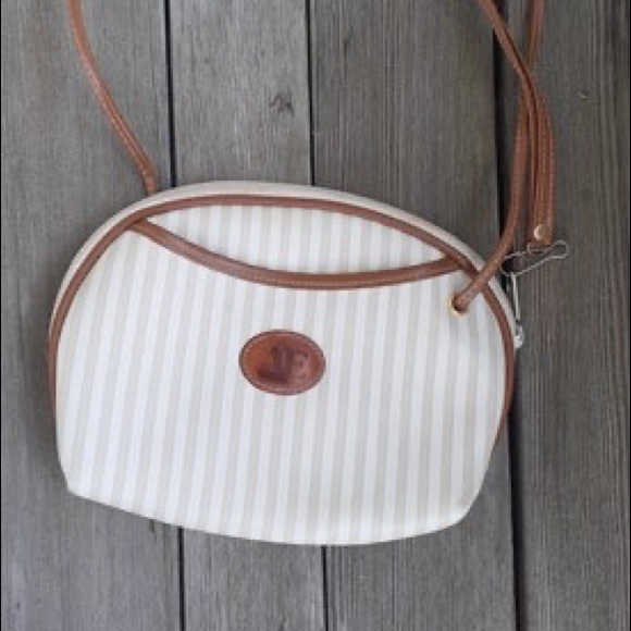 ALLAN EDWARD Vintage 80s Half Moon White & Brown Stripe Crossbody - Picture 6 of 13